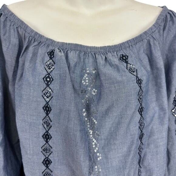 Chicos Womens Embellished Denim Chambray Embroidered Sequin Top Shirt Blue 2/ L - Picture 5 of 16